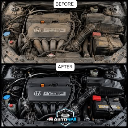 Before and after engine bay detailing